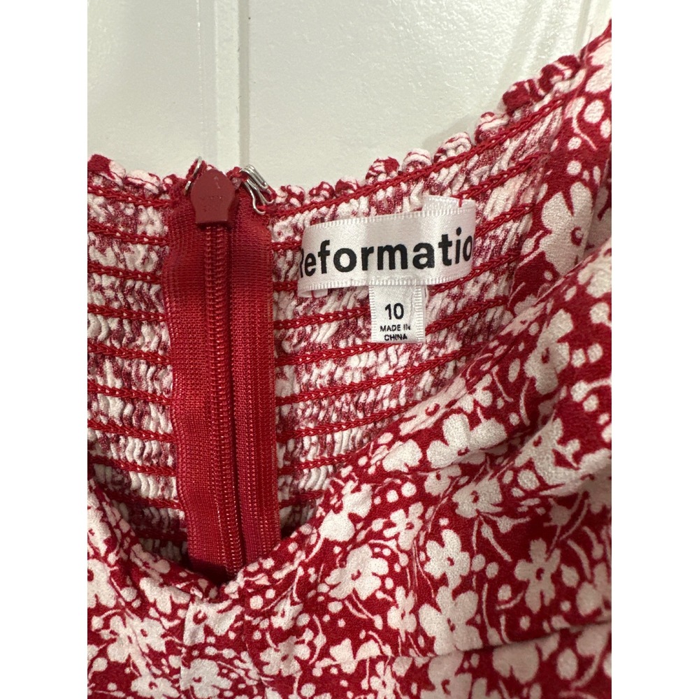 Reformation Red White Floral Tie Strap Smocked Back Mini Dress Size 10 - Picture 6 of 10